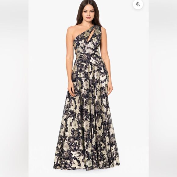 Betsy & Adam GWEN" LONG ONE SHOULDER WRAP FOIL FLOWER DRESS PETITE  NWT - Picture 4 of 9